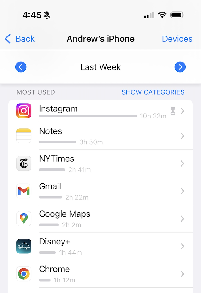 Sample screen time screenshot